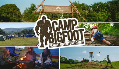 Five photo collage with Camp Bigfoot logo. Includes photos of child rock climbing, family playing frisbee golf, three young girls sat round campfire,