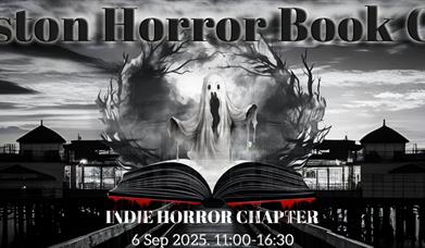 A darkened pier at night.  In the foreground a ghost rises from the pages of a book - the words Indie Horror Chapter are visible beneath.  At the top