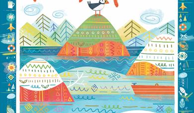 Much Ado About Puffin artwork.  Lone Puffin sat on a hill.
