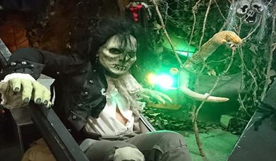 A white faced Halloween character in a grisly environment