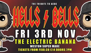 Cartoon image of AC/DC performers 'Hells Bells' with information about the event.