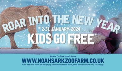 Kids Go Free at Noah's Ark Zoo Farm Graphic with snow and elephant