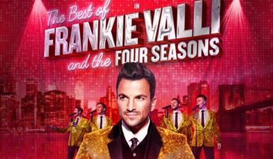Singer Peter Andre in a gold sequinned suit standing in front of four similarly-attired band members on a poster advertising Peter Andre in the Best o