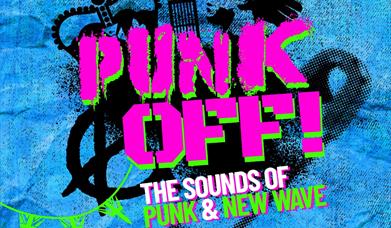 Blue poster featuring black prints of a crown, Big Ben and a punk to advertise the Punk Off show at the Weston Playhouse Theatre