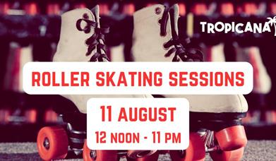 Pair of roller skates with text advertising roller skating sessions on top