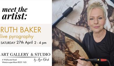Photograph of artist Ruth Baker with her pyrography machine.