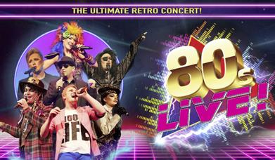 On the left is six singers with a range of different outfits. On the right is the title in a 80s style font and design.
