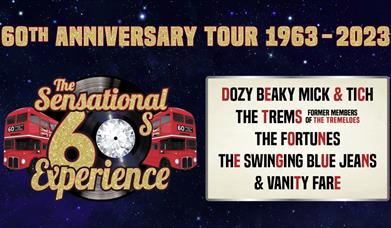 Title on the left with two buses and information on the right.