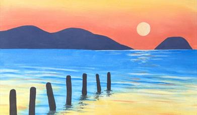 A painting of Weston-super-Mare Beach at sunset looking towards Brean Down