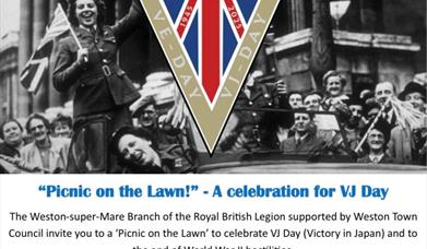 A black and white photograph showing people celebrating the end of WWII. The image features on a poster promoting a picnic in Weston-super-Mare to mar