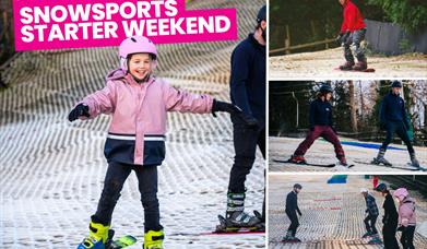 Children and adults learning to ski and snowboard at Mendip Activity Centre's Snowsports Starter Weekend.