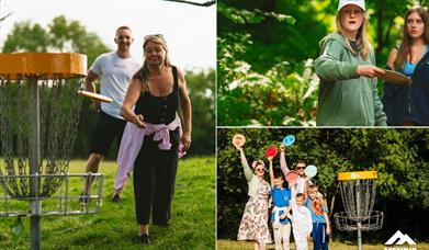 Frisbee Golf Open Weekend at Mendip Activity Centre. The collage features people of all ages playing disc golf, including a woman throwing a frisbee,