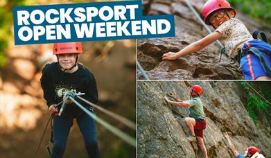 Rocksport Open Weekend promotional image featuring people rock climbing and abseiling at Mendip Activity Centre.