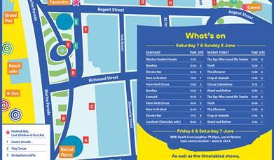 A map in blue, yellow white and green showing the venues for Whirligig 2025 in Weston-super-Mare