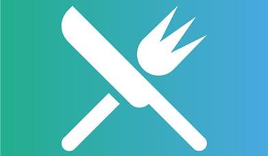 White knife & fork glyph on turquoise background