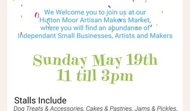 Hutton Moor Makers Market poster with bright bunting and event details.