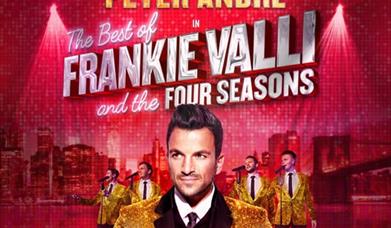 Singer Peter Andre in a gold sequinned suit standing in front of four similarly-attired band members on a poster advertising Peter Andre in the Best o