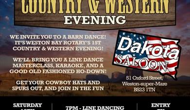 Poster written in cowboy style font advertising a country and western evening in Weston-super-Mare