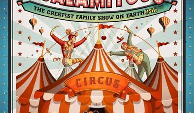 An artist impression of a circus Big Top with performers on the roof