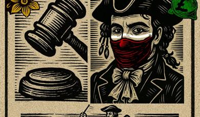 Two drawn images. One of a highwayman and the other of a court gavel