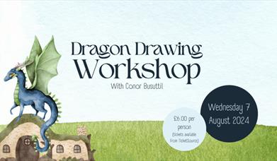 Cartoon image of a blue dragon with green wings stood on top of a pretty house.
