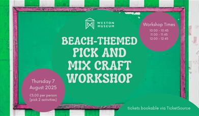 rectangular image with a background that consists of a close up of a green and white striped beach hut tent. layered in front in the centre is a green