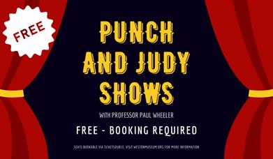 Poster of red curtains opening on a stage with booking details for the Punch & Judy Show.