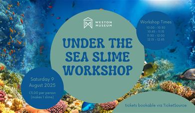 rectangular image with a background image consisting of an under the sea image, with lots of fish and coral. layered in front is a light blue circle c