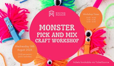 Brightly coloured poster of craft material as monsters and information about the event.