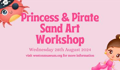 Pink poster with a image of a pirate crab and a princess.  Poster is a pink colour with bright pink writing, detailing the events.