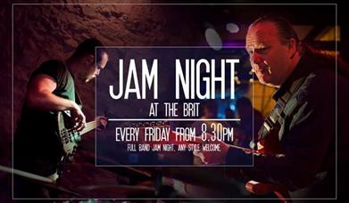 A poster featuring two musicians advertising the weekly jam nights at the Brit Bar in Weston-super-Mare