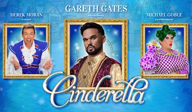 Three photos of panto stars in individual photo frames to advertise the Cinderella Pantomime starring Gareth Gates at the Weston-super-Mare Playhouse