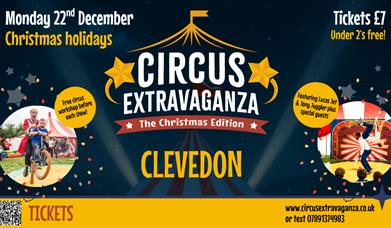 Artist impression of a circus big top with inset pictures of circus performers