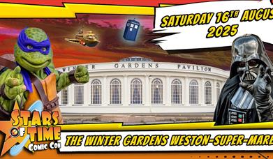 Picture of the Winter Gardens Pavilion Weston-super-Mare with two comic-con characters