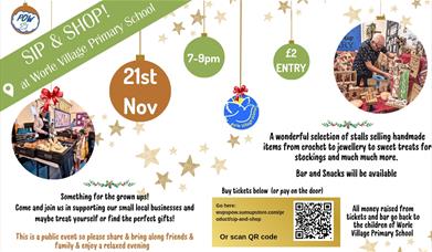 Poster for Worle Village Primary School's 'Sip & Shop' event on 21st November, 7–9pm. Entry £2. Includes photos of stallholders and a QR code to buy t