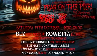 Poster with Fear on the Pier event details and a image of a pumpkin that has been carved.