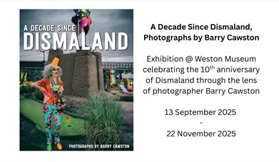 A half an half flyer featuring a picture of Banksy's Dismaland in Weston-super-Mare on one half and on the other half, words advertising an exhibition