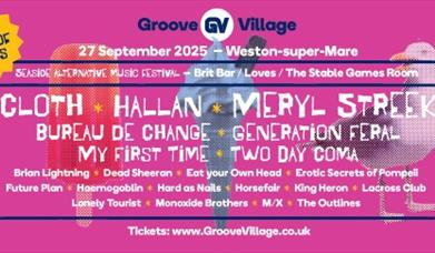 A pink flyer with images of a seagull, ice cream and lolly overstamped by text to advertise a music festival in Weston-super-Mare