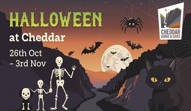 A graphic showing three skeletons in a gorge with Halloween bats and spiders overhead