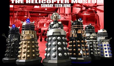 A poster featuring six daleks to advertise the Dalek Invasion Day at the Weston-super-Mare Helicopter Museum