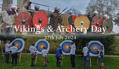 Photograph poster of Viking reenactment and people learning archery with instructors.