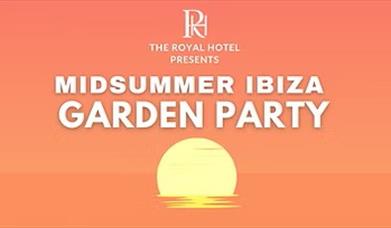 A yellow sun going down on an orange background to advertise an Ibiza Garden party at the Royal Hotel, Weston-super-Mare