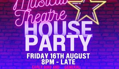 Musical Theatre House Party poster - bright pinks and blues with all event information.