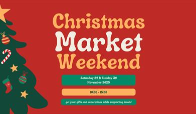 Poster featuring half of a decorated Christmas tree advertising Weston Museum's Christmas Market Weekend