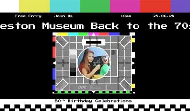 A retro image featuring the old BBC test card to advertise Weston Museum's 50th birthday party