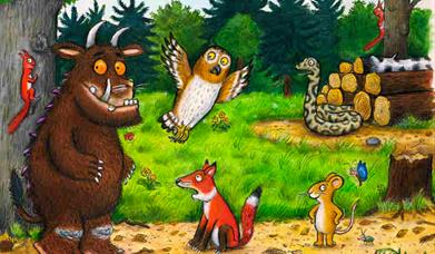 Myths and Monsters - The Gruffalo cartoon front cover with the owl, fox, mouse, snake and squirrel in bright colours.