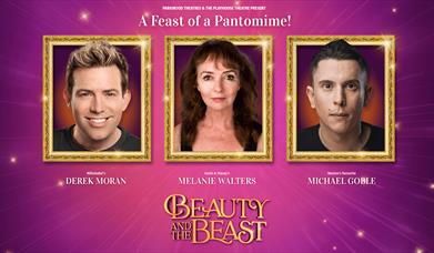 image shows 3 main actors amongst sparkly purple background. text reads "a feast of pantomime! beauty and the beast".