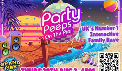 Party Peeps on the Pier August poster - bright poster with a large glitter ball and event details.