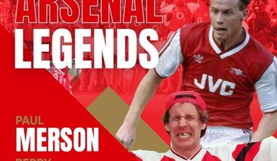 A red poster featuring pictures of former Arsenal players Paul Merson and Perry Groves to advertise an Evening With Arsenal legends at The Weston Play