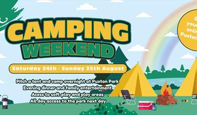 Poster depicting two tents by a lake and trees advertising a camping weekend